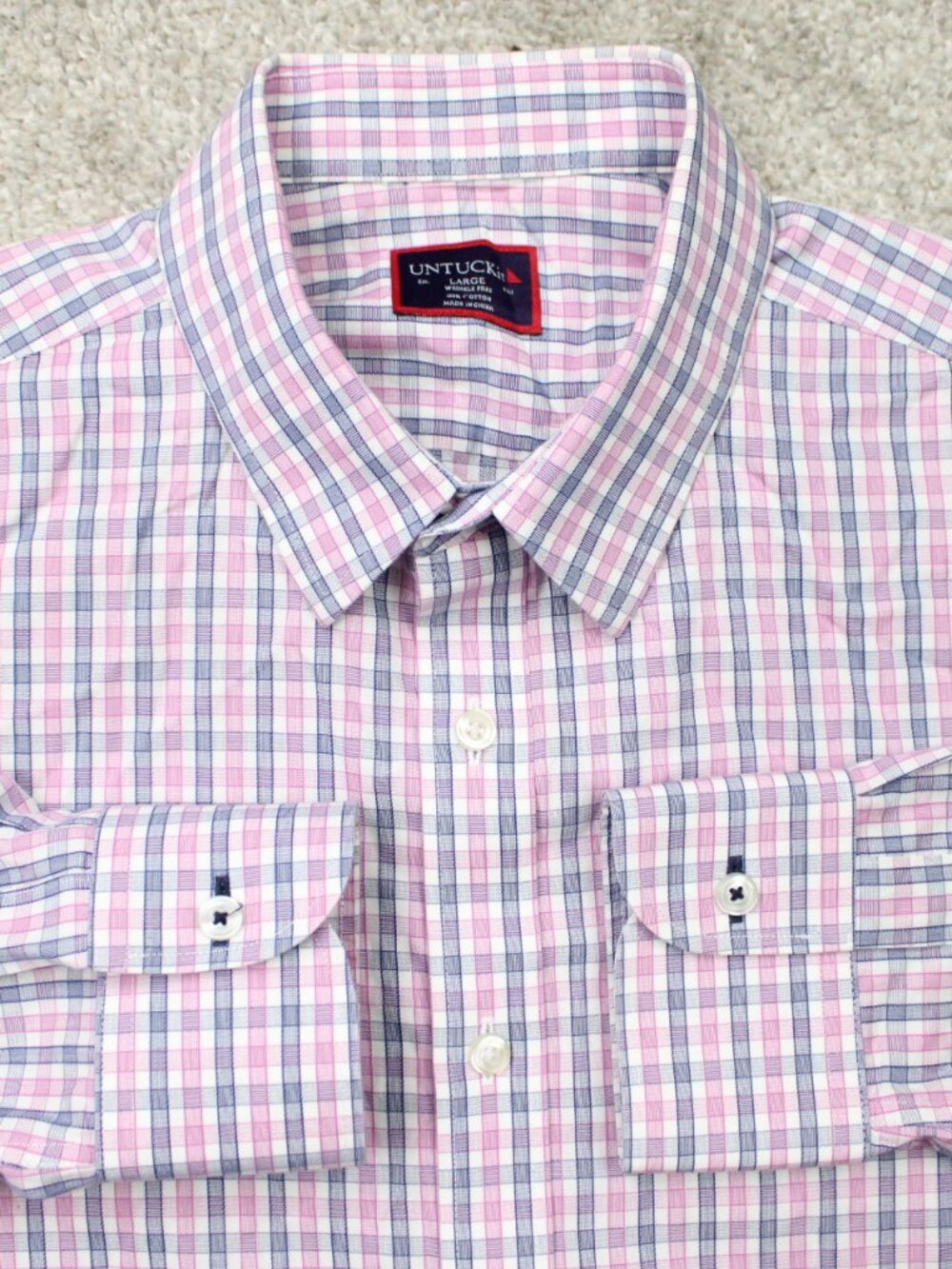 UNTUCkit Shirt Mens Large Pink/Blue Check Wrinkle Free 100% Cotton Long Sleeve